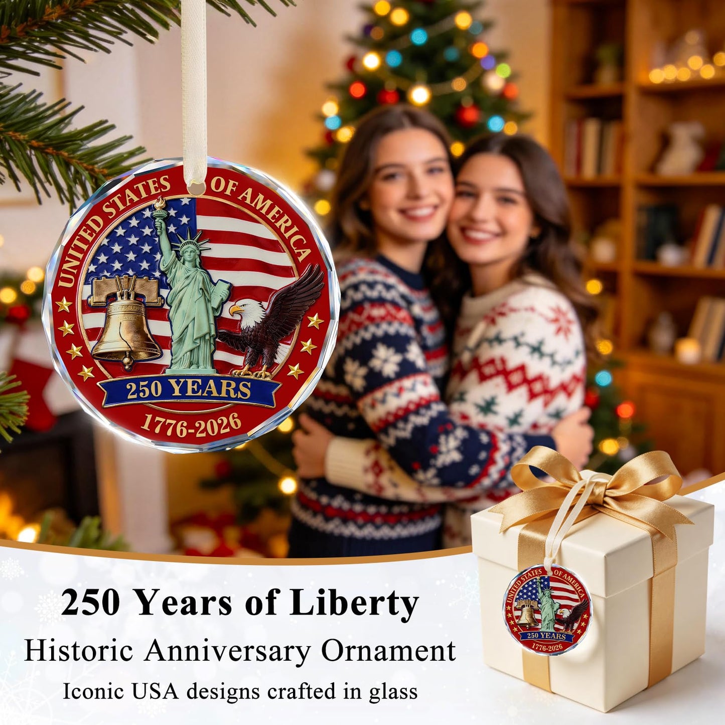 250 Anniversary USA Ornament for 4th of July Tree Decorations - Crystal Glass Patriotic Christmas Ornaments - 1776-2026 Bald Eagle Statue of Liberty Bell Keepsake - Independence Day Souvenir Gifts