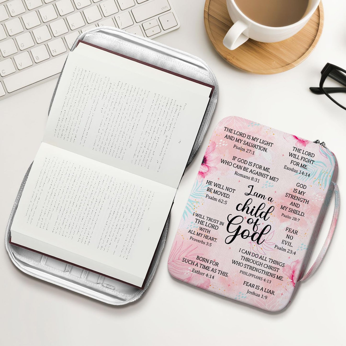 MYSMOR I Am A Child Of God Bible Cover for Women, Floral Scripture Bible Case with Handle and Zipper Pocket, Christian Bible Bag for Girls, Fits Standard Size, Church Gift for Faith and Prayer