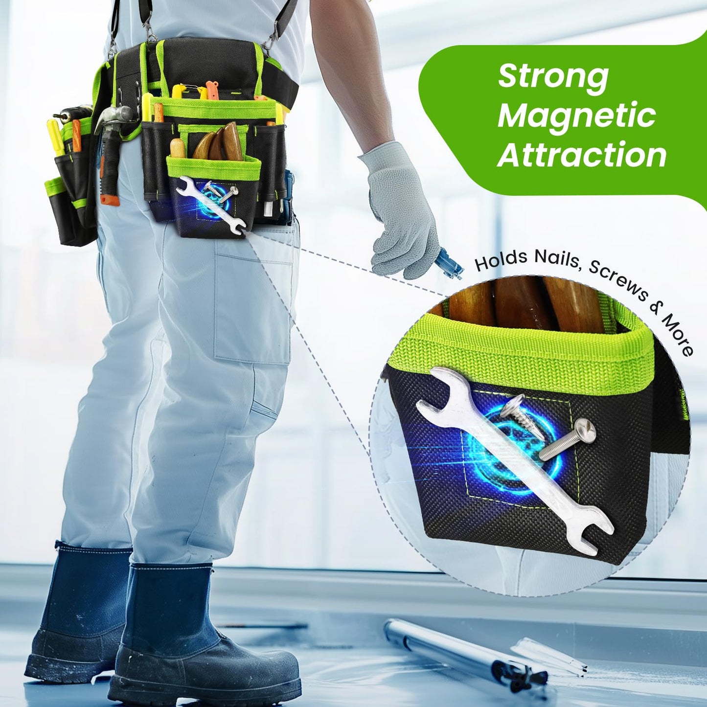 Tool Belt, Professional Tool Belts for Men, Magnetic Tool Pouch With Suspenders, Heavy Duty Detachable Adjustable Utility Belt Work Bags for Electrician, Carpenter (Black and Green, 32"-66")