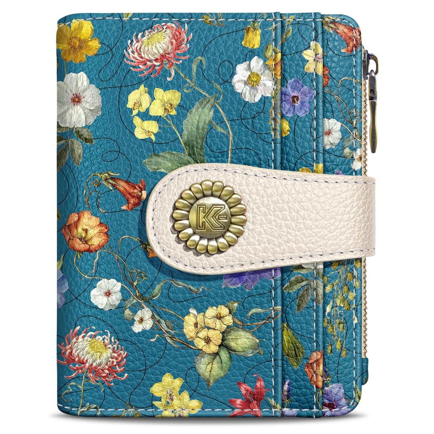 Kelvoris Blue Vibrant Floral Small Rfid Women Wallet Bifold Zipper Coin Pocket PU Leather Compact Cash Credit Card Holder Travel Wallet for Female Ladies Teen Girls 1 ID Window 10 Card Slots
