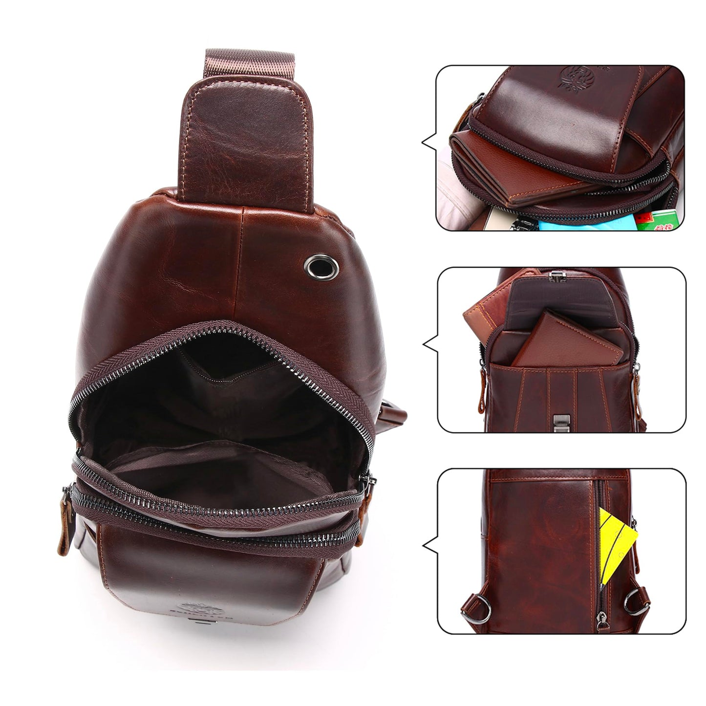 LUKZIJAES Genuine Leather Sling Bag for Men Casual Crossbody Shoulder Chest Pack Daypack Outdoor Travel Hiking Backpack (#10-Coffee)