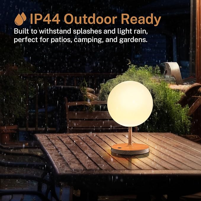 Outdoor Battery Operated Table Lamp & Power Bank - 5000mAh Rechargeable Battery Powered, Touch Dimmable, 3 Color Temperatures, IP44 Waterproof Lamp for Home, Patio Use - 9.6 In Modern Wood Grain Globe