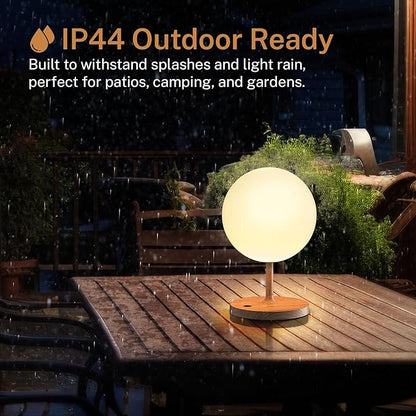Outdoor Battery Operated Table Lamp & Power Bank - 5000mAh Rechargeable Battery Powered, Touch Dimmable, 3 Color Temperatures, IP44 Waterproof Lamp for Home, Patio Use - 9.6 In Modern Wood Grain Globe
