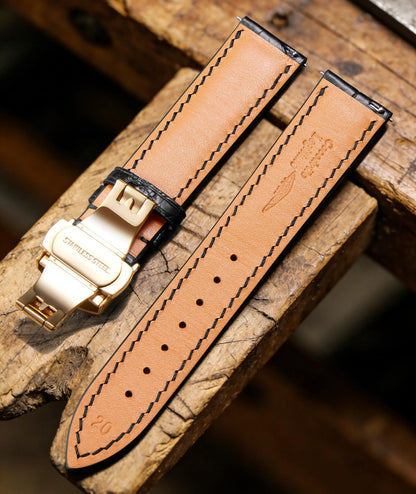 BINLUN Alligator Leather Watch Band for Men Crocodile Grain Leather Watch Straps Quick Release Replacment Genuine Classic Women Leather Watch bands 24mm Black with Gold Buckle
