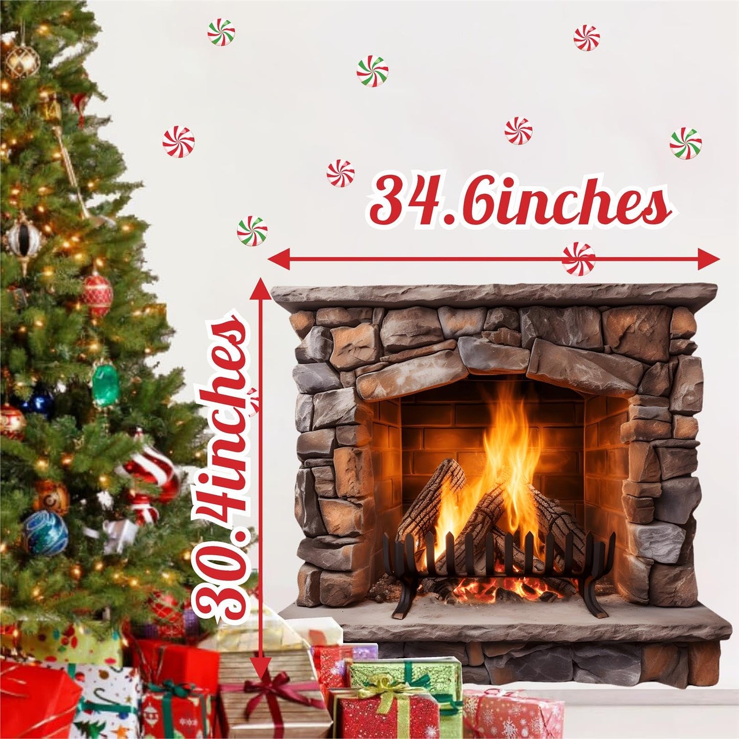 Large Christmas Wall Decals Christmas Wall Decoration Vinyl Sticker Peel and Stick Indoor Xmas Fireplace Decal for Walls Removable Peppermints Xmas Art Murals for Living Room Holiday Xmas Party Supply
