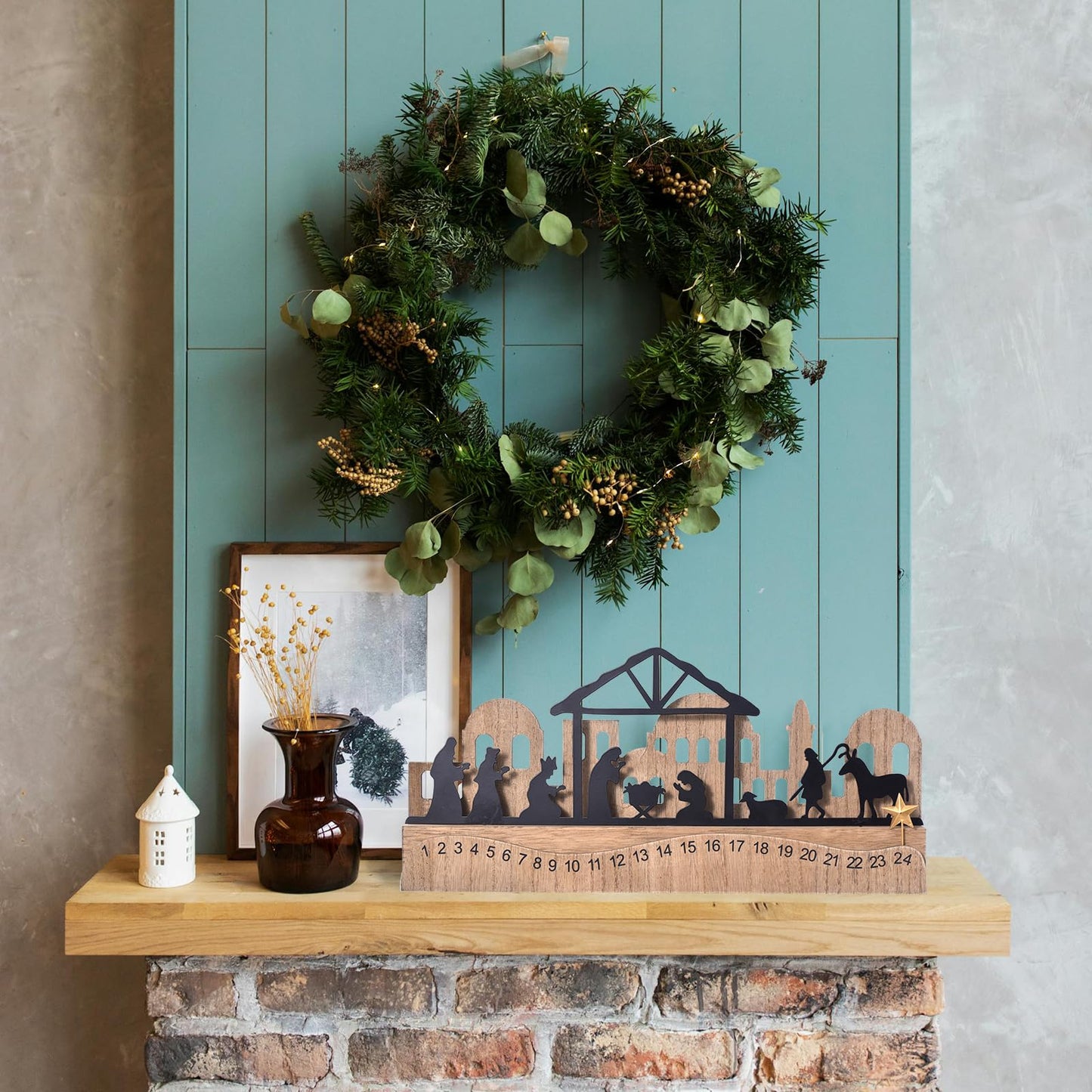 Nativity Sets for Christmas Countdown Calendar, Indoor Rustic Christmas Decor With Wooden Base 3D Design, Xmas Manger Scene for Tabletop Office Shelf Mantel Decoration (Black)