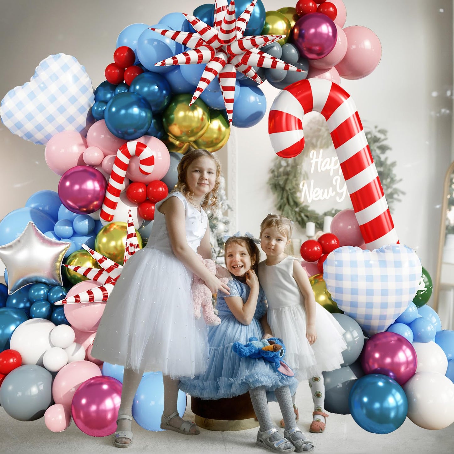 Christmas Balloon Arch, 133Pcs Red Pastel Baby Pink Blue Xmas Winter Wonderland Balloons with Metallic Gold Blue Pink Candy Cane Exploding Star Foil Balloon for Merry Christmas Party Decoration