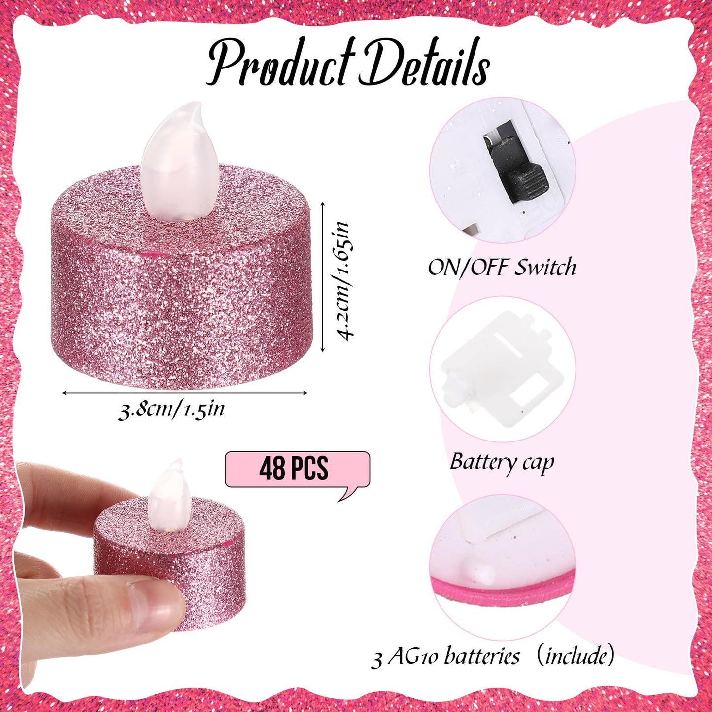 Retisee 48 Pcs Flameless LED Tea Lights Glitter Electric Fake Candles for Centerpieces Battery Operated Anniversary Decorations Romantic Winter Decor for Wedding Christmas Birthday (Pink)