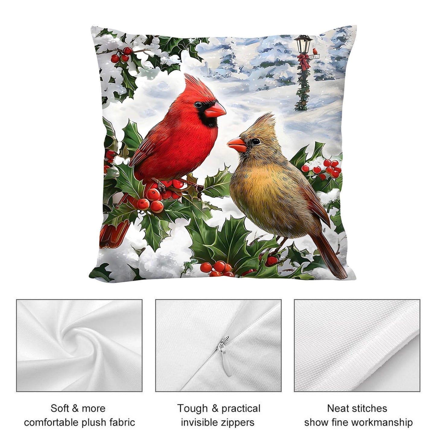 Waiyear Throw Pillows Cover Winter Cardinal Birds Pillow Cases 18"x18" Set of 2,Winter Christmas Pillow Cases for Christmas Living Room Couch Decor