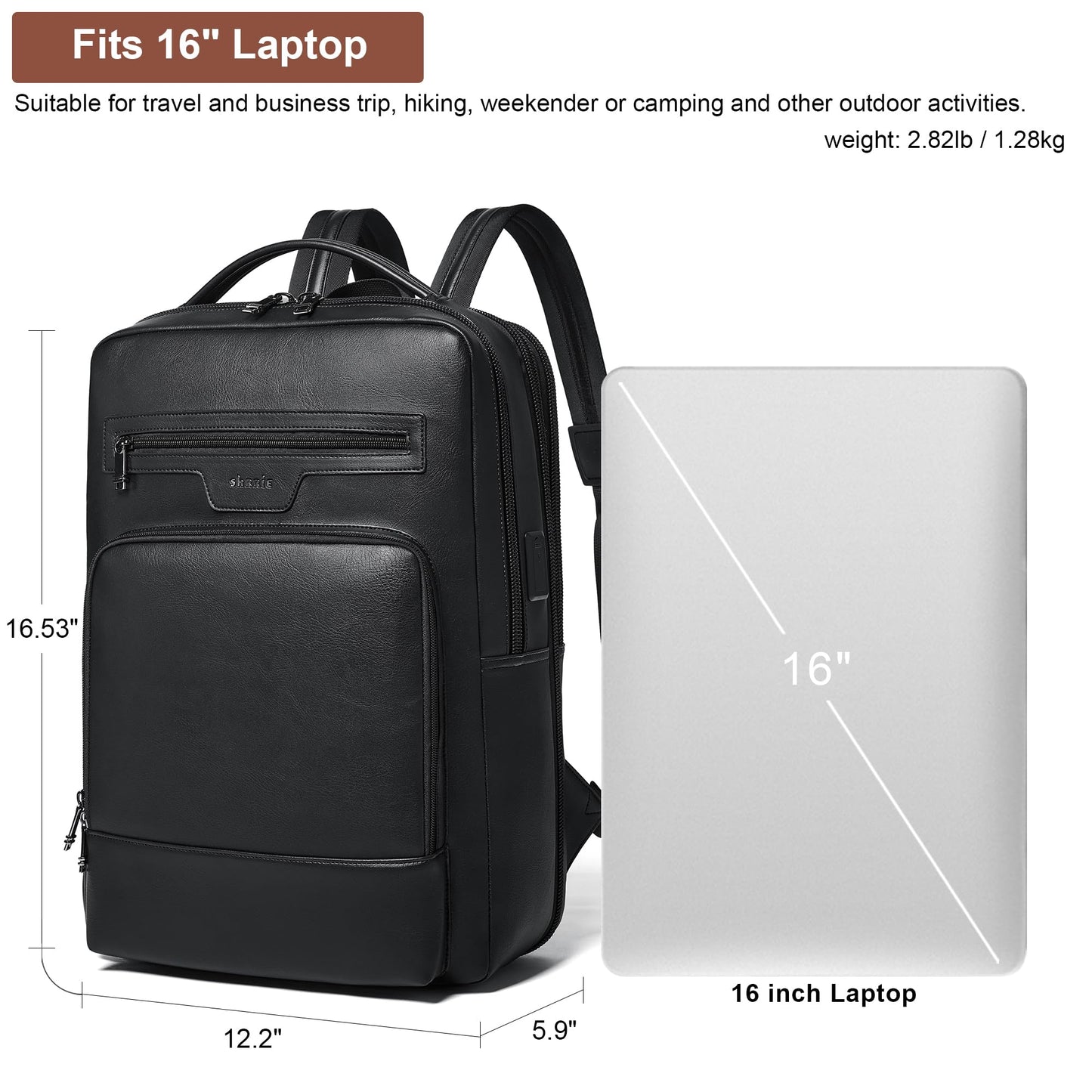 Shrrie Leather Laptop Backpack for Women and Men,28 L Travel Backpack Computer Bag Fits 16 inch Laptop,Expandable Casual Daypack with USB Charging Port for Work Business Weekender College,Black
