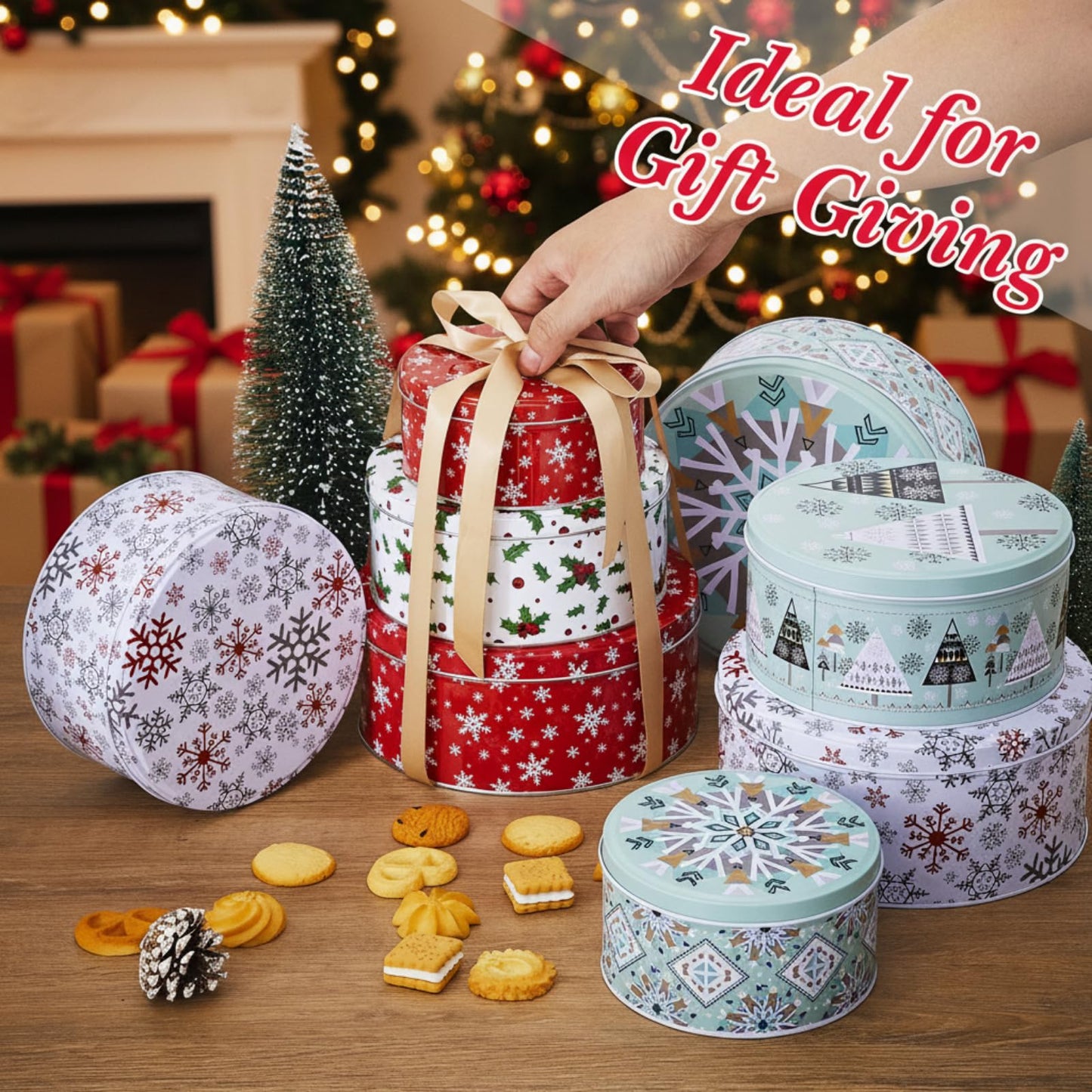 Yaomiao 9 Pcs Christmas Cookie Tins Set 3 Sizes Decorative Cookie Boxes Christmas Tins with Lids Holiday Treats Round Metal Nesting Containers Candy Biscuits Treat Boxes(Berries,Snowflakes,Tree)