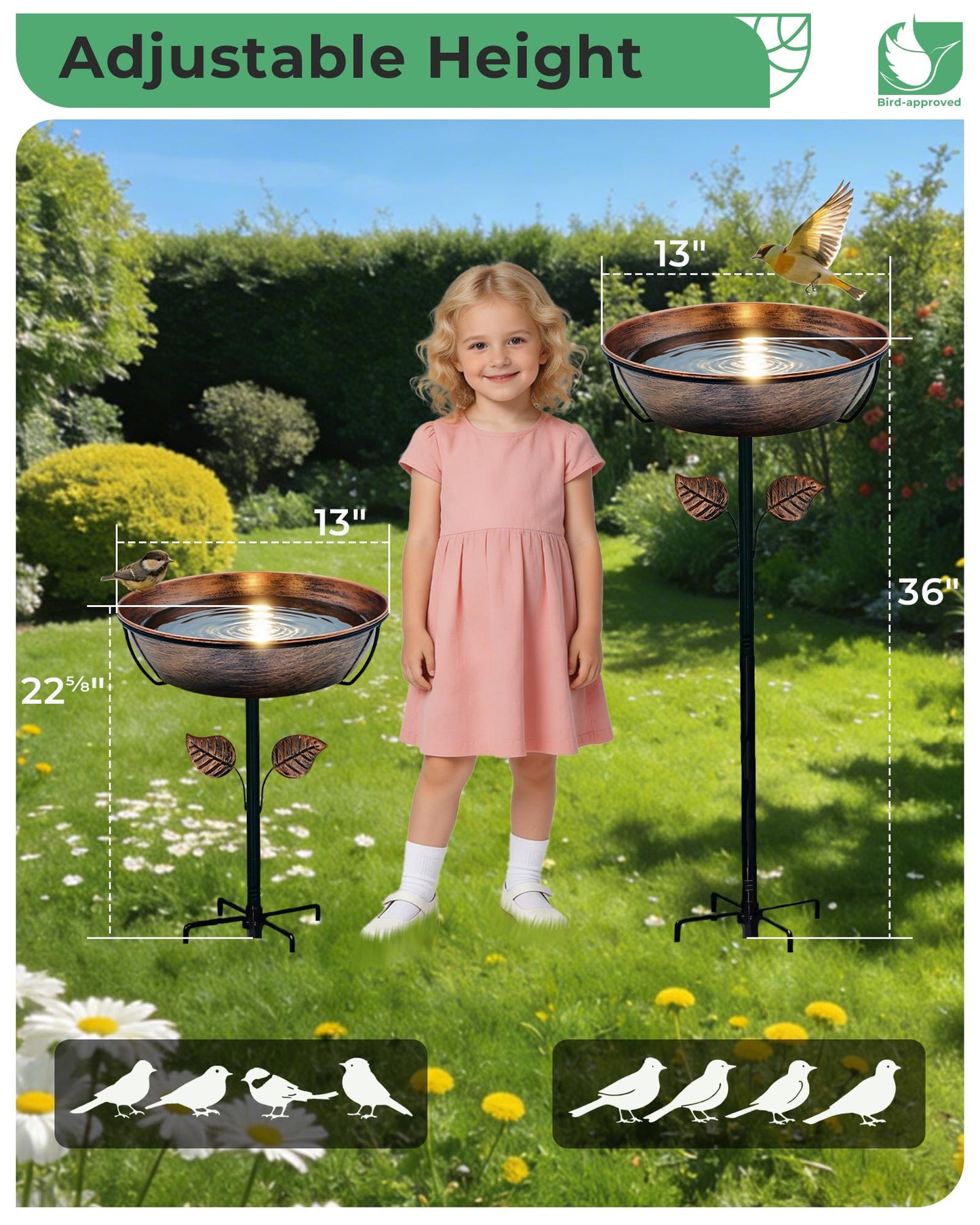OUISJYER 3" Deep Metal Bird Bath for Outdoors, Removable 13" Dia Bowl with Stable Upgrades Stake, Easy to Clean Birdbaths for Garden Yard Lawn Decor 1.4 Gallon
