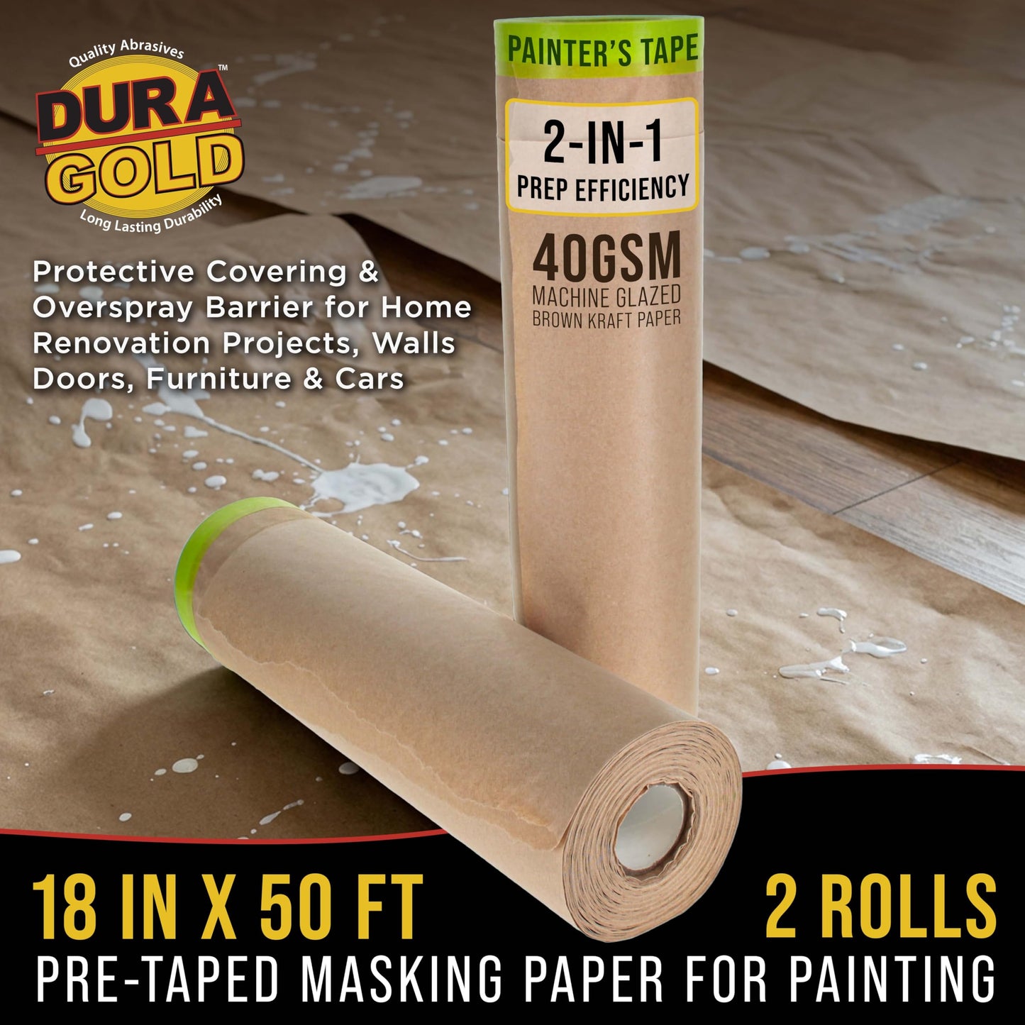 Dura-Gold Pre-Taped Masking Paper for Painting (18" x 50', 2 Rolls) - Tape and Drape Painters Paper, Protective Covering, Overspray Barrier for Home Renovation Projects, Walls Doors, Furniture, Cars