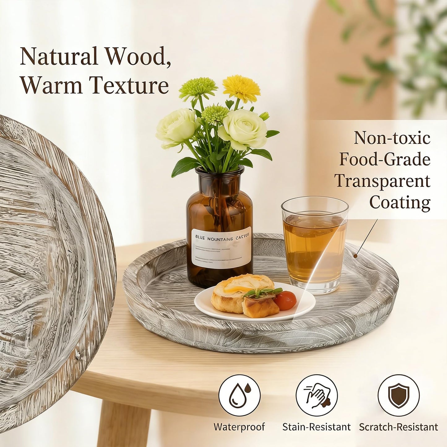 OKSON 3-Pack Round Wooden Candle Plate Holder Trays, Rustic Farmhouse Decorative Round Wood Tray for Coffee Table, Dining, Tealight & Pillar Candles, Party, Wedding, Halloween Home Decor(Whitewash)