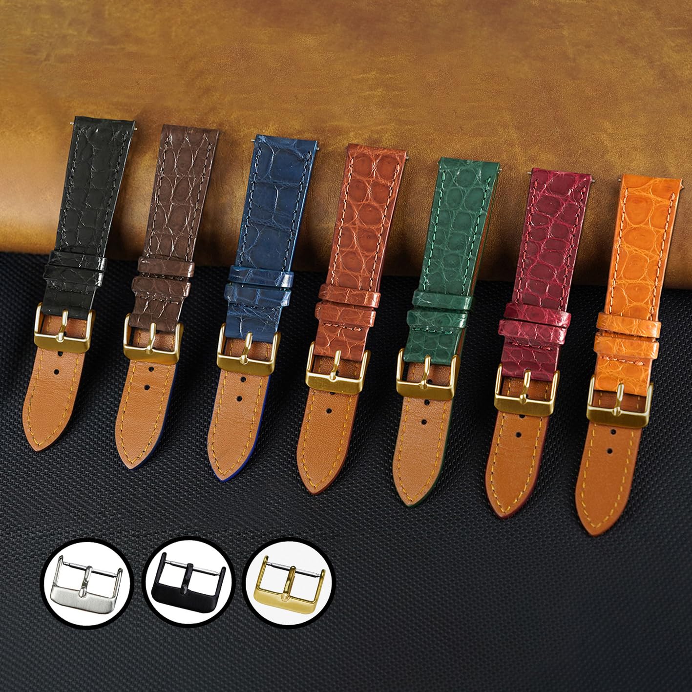 Premium 20mm Flat Black Watch Band for Men, Handcraft Leather Watch Strap, Easy Install Strap Gold Stainless Buckle Present Gift Husband Boyfriend Son Christmas Fathers Day Birthday DH21G20MM