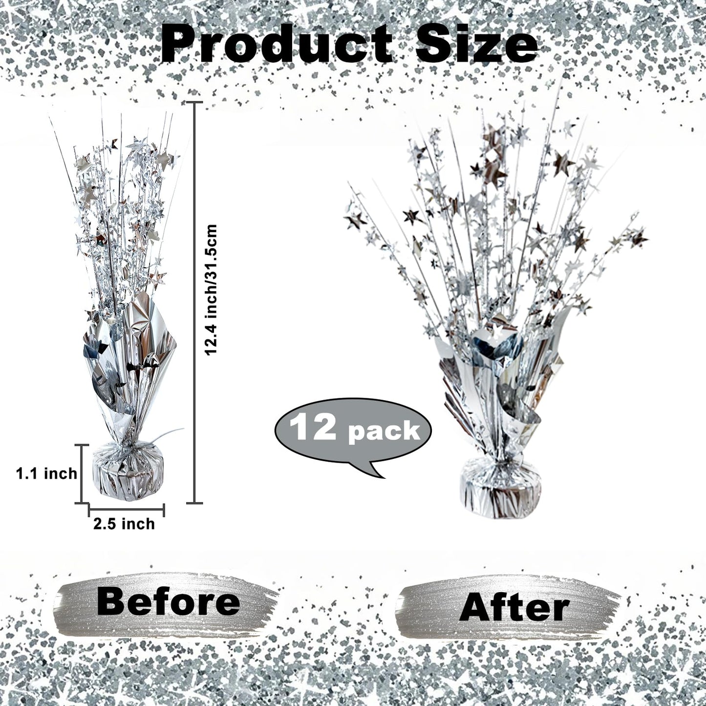 YinNorth 12 Pcs Metallic Foil Spray Centerpiece Party Star Table Decoration Brust Glitter Table Topper Decor for Birthday Graduation Holiday Christmas Dining Celebration New Year Party Supplies,Silver