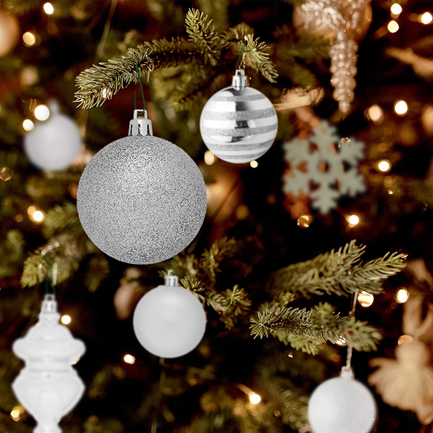 RN'D Christmas Snowflake Ball Ornaments - Christmas Hanging Snowflake and Ball Ornament Bulk Assortment Set with Hooks - 76 Xmas Ornaments and Hooks (White & Silver)