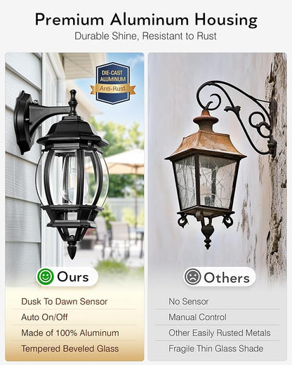 VIANIS Dusk to Dawn Porch Lights Outdoor, Black Exterior Light Fixtures Wall Mount for House, 2 Pack Modern Coach Lights for Garage with Tempered Glass, Anti-rust Outdoor Wall Sconce Lantern for Patio