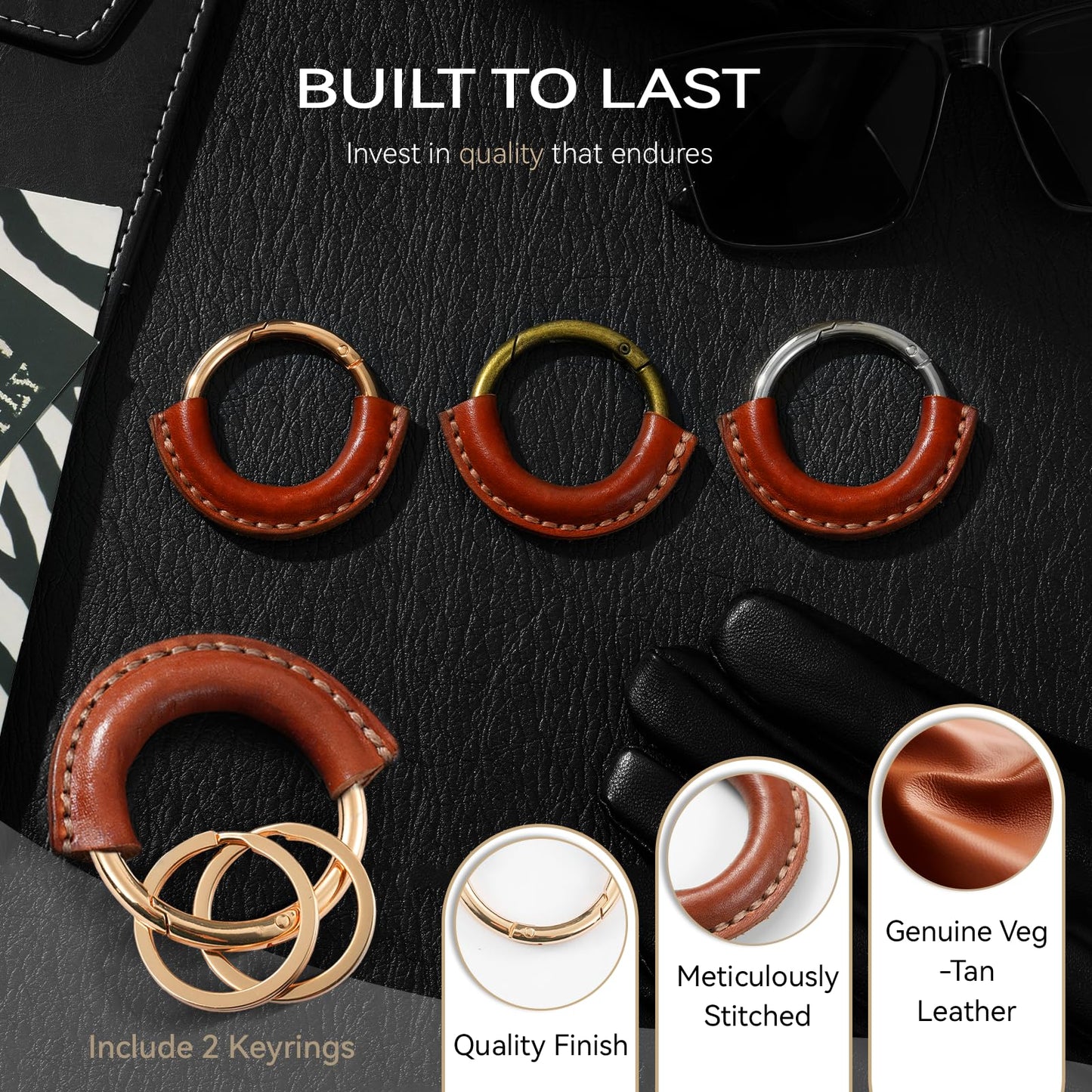Genuine Leather Keychain - Carabiner Clip Key Fob with 2 Detachable Rings - Car Key Chain Holder for Men & Women