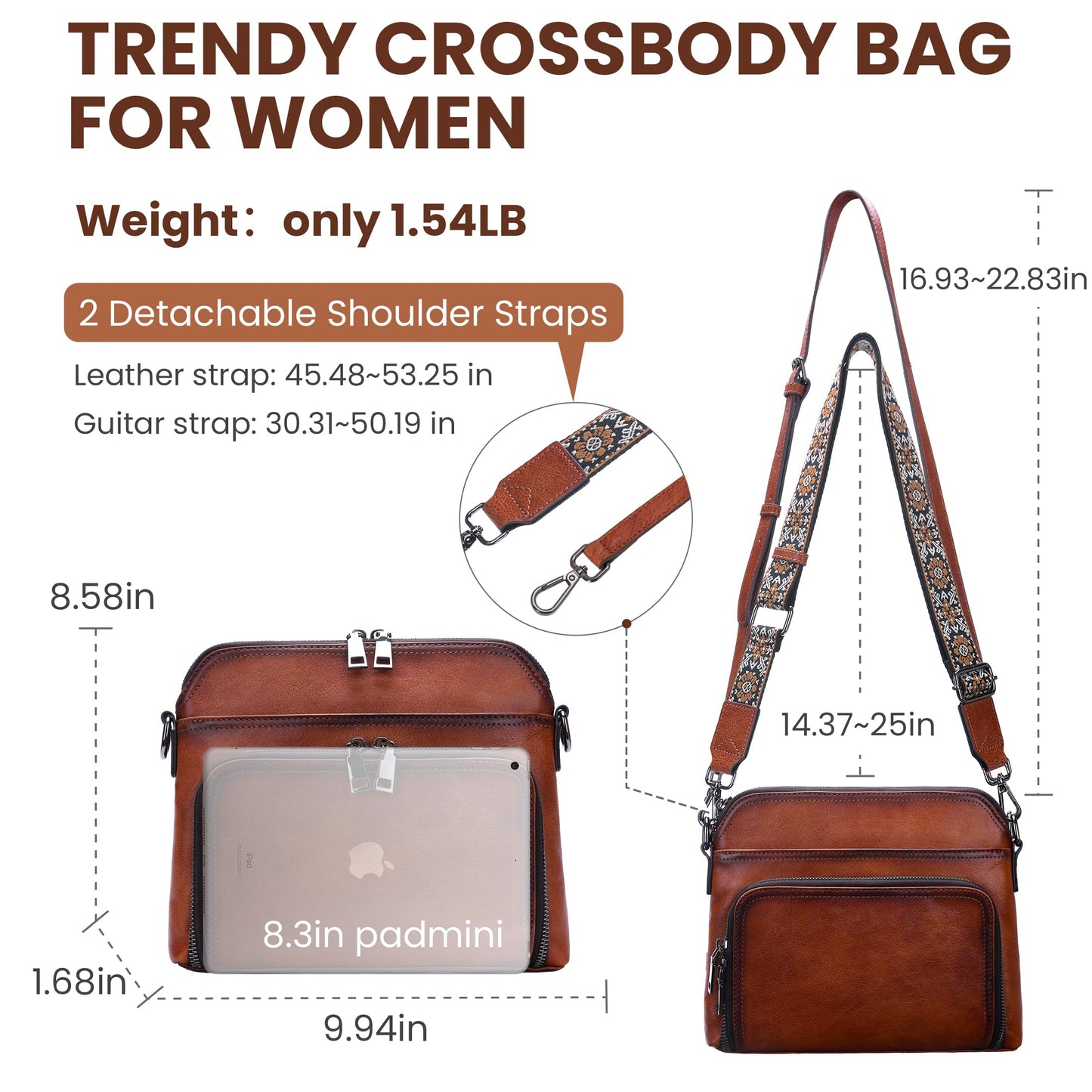 HESHE Genuine Leather Crossbody Bags for Women Satchel Purses Shoulder Handbags with 2 Adjustable Strap Hobo Purse (Brown)