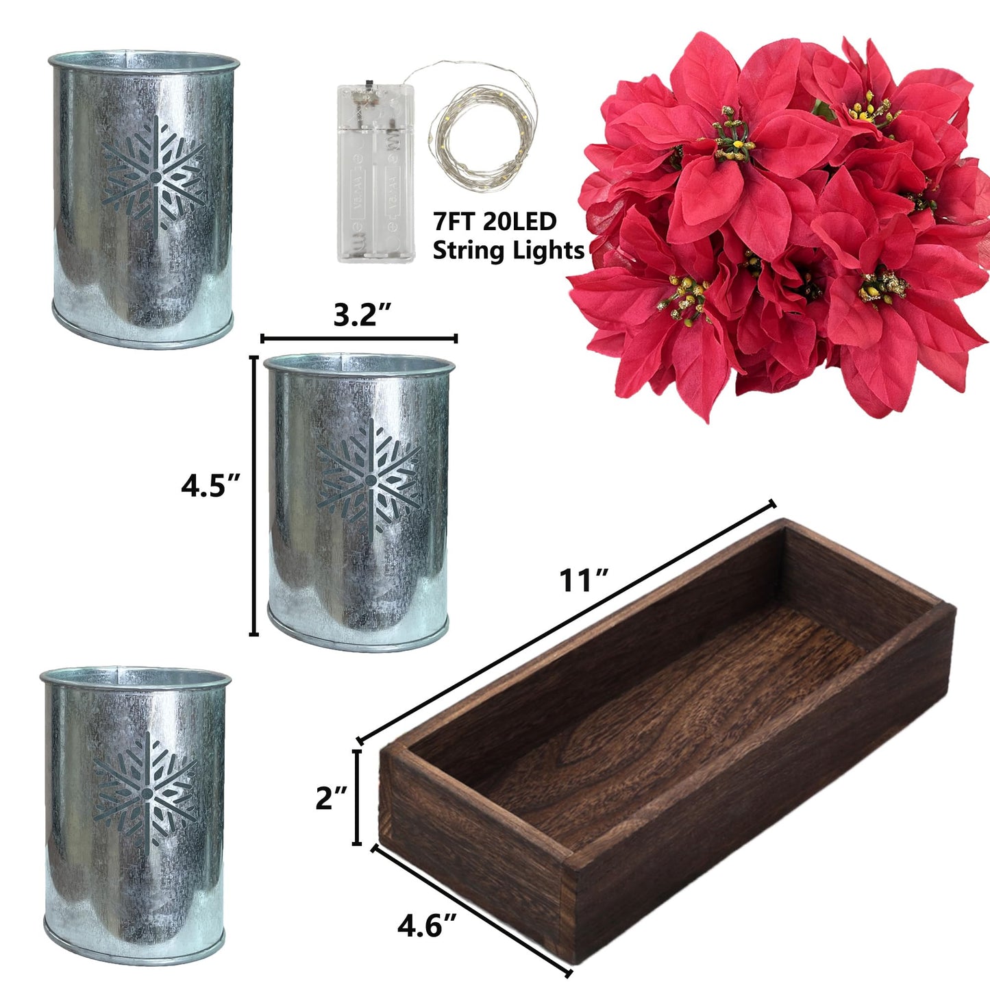 CANCLEAR Artificial Christmas Flower Arrangement, 3pcs Poinsettias in Galvanized Pots with Wood Tray and LED String Lights, Perfect Tabletop Centerpiece for Holiday Decor
