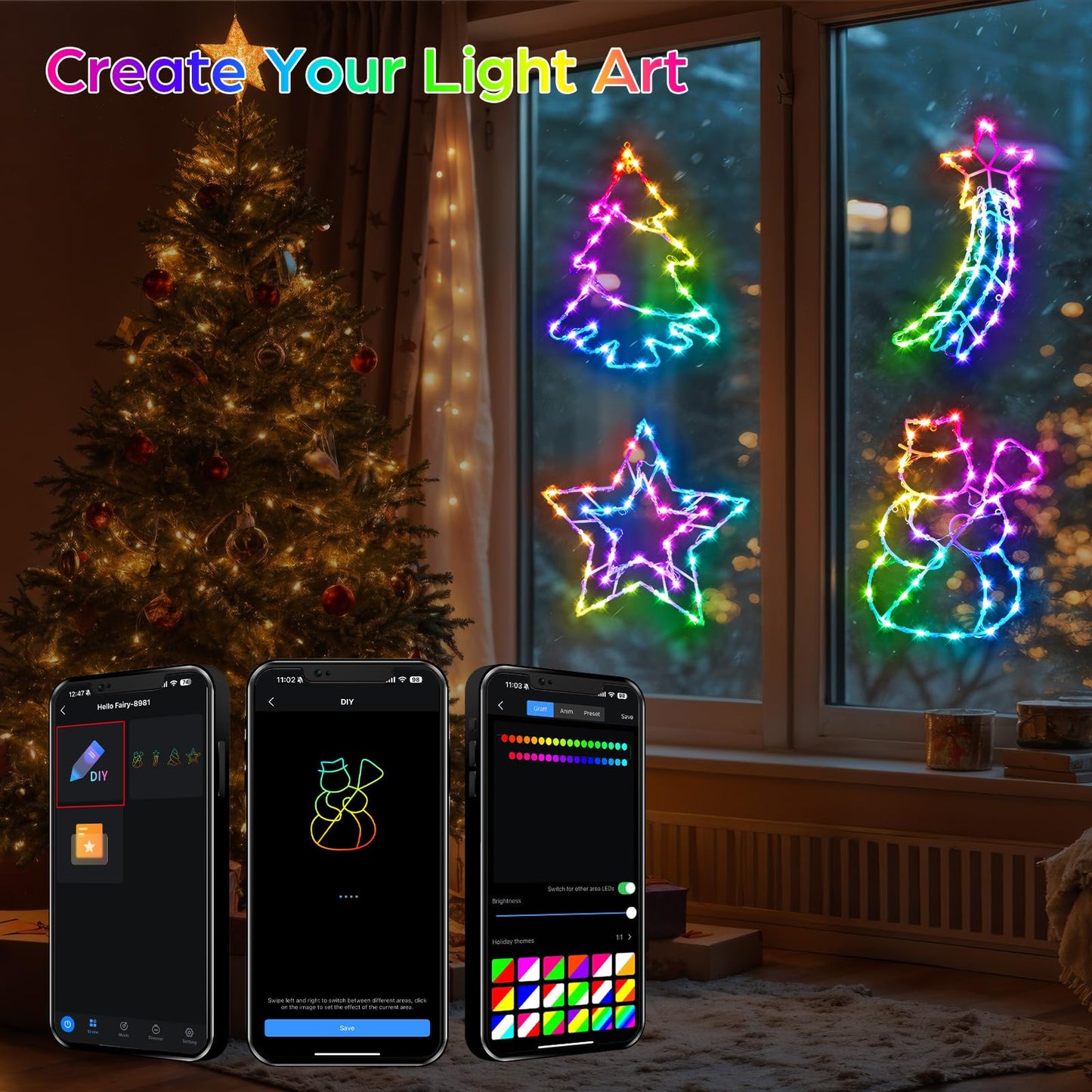 FANCILLUMA 4 Pack Smart Christmas Window Lights, Window Silhouette Lights, Christmas Decorations Indoor,Custom & Preset Modes,APP Control Snowman, Meteor, Christmas Tree, Star for Door Glass