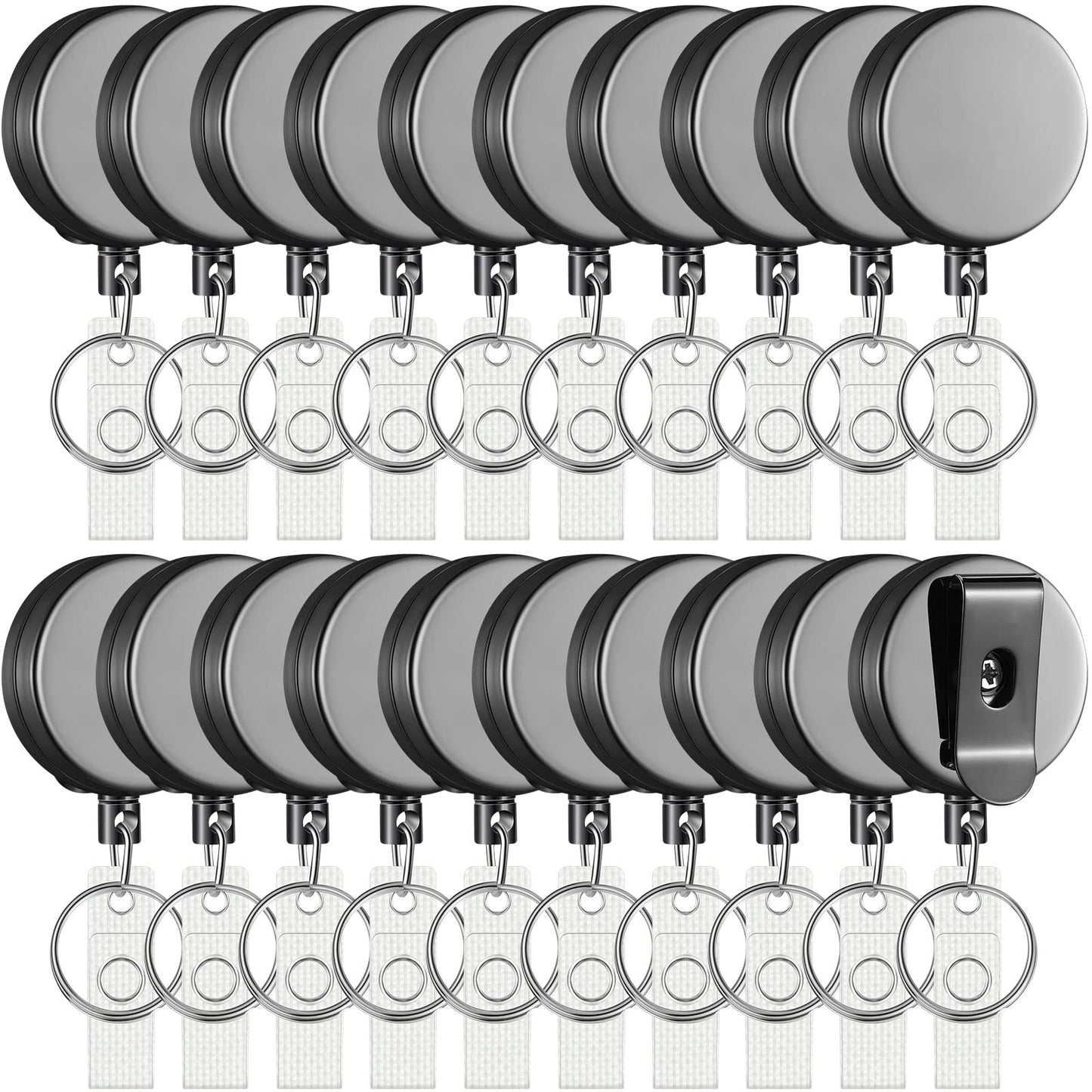 Leelosp 20 Pack Heavy Duty Retractable Badge Holder Reel Metal ID Badge Holder with Belt Clip Keyring Retractable Clip Bulk Card for Work Employee Doctor Nurse Gifts (Glossy Grey)