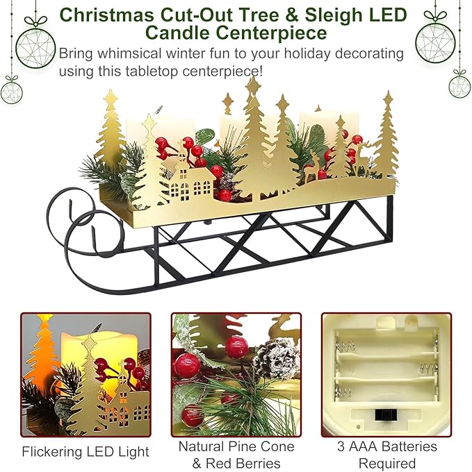 Christmas Sleigh Centerpiece Table Decorations with Flickering Led Candle Lights Xmas Sleigh Silhouette Candelabrum for Dinning Room, Table, Fireplace, Mantel Holiday Decoration