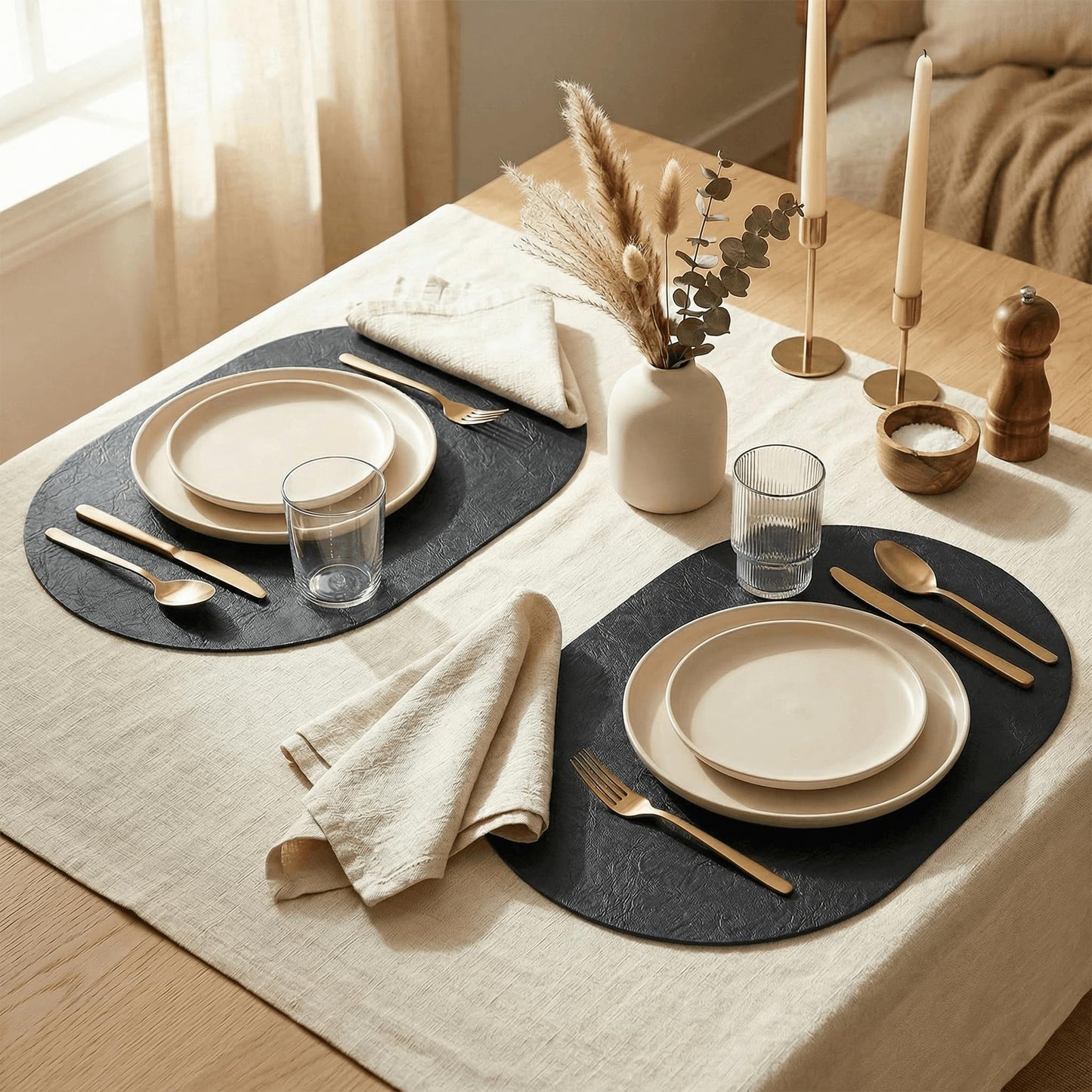 Artoid Mode Black Faux Leather Oval Placemats Set of 6, 12 x 18 Inch Waterproof Wipeable Heat Resistant Vinyl Place Mats, Reversible Table Mats for Kitchen Dining Decor