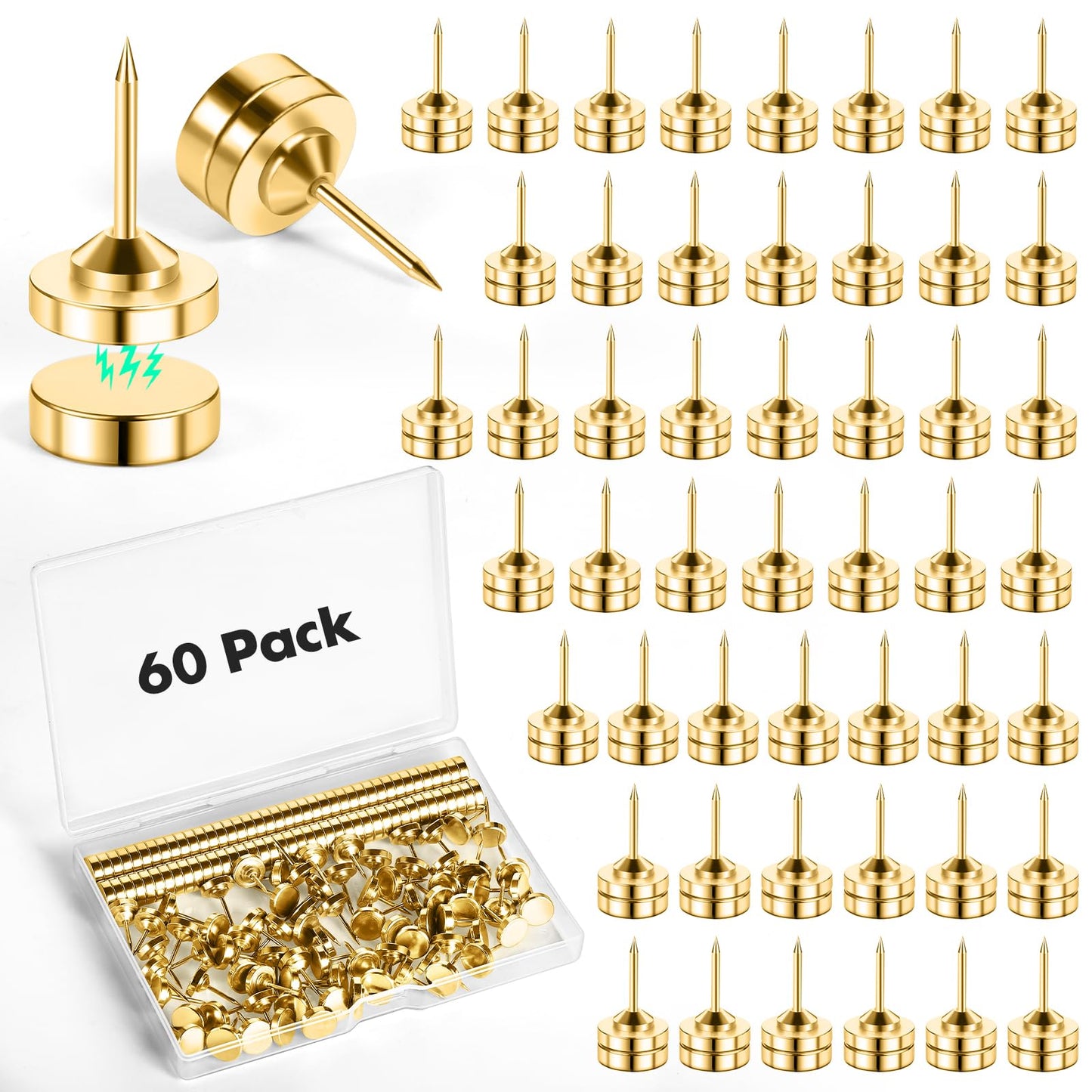 GOOLADA 60 Sets of Gold Magnetic Push Pins, Flat Poster Hanger, Cute Push Pins for Corkboard,Thumb Tacks for Wall Hangings, Decorative Pushpins for Bulletin Board