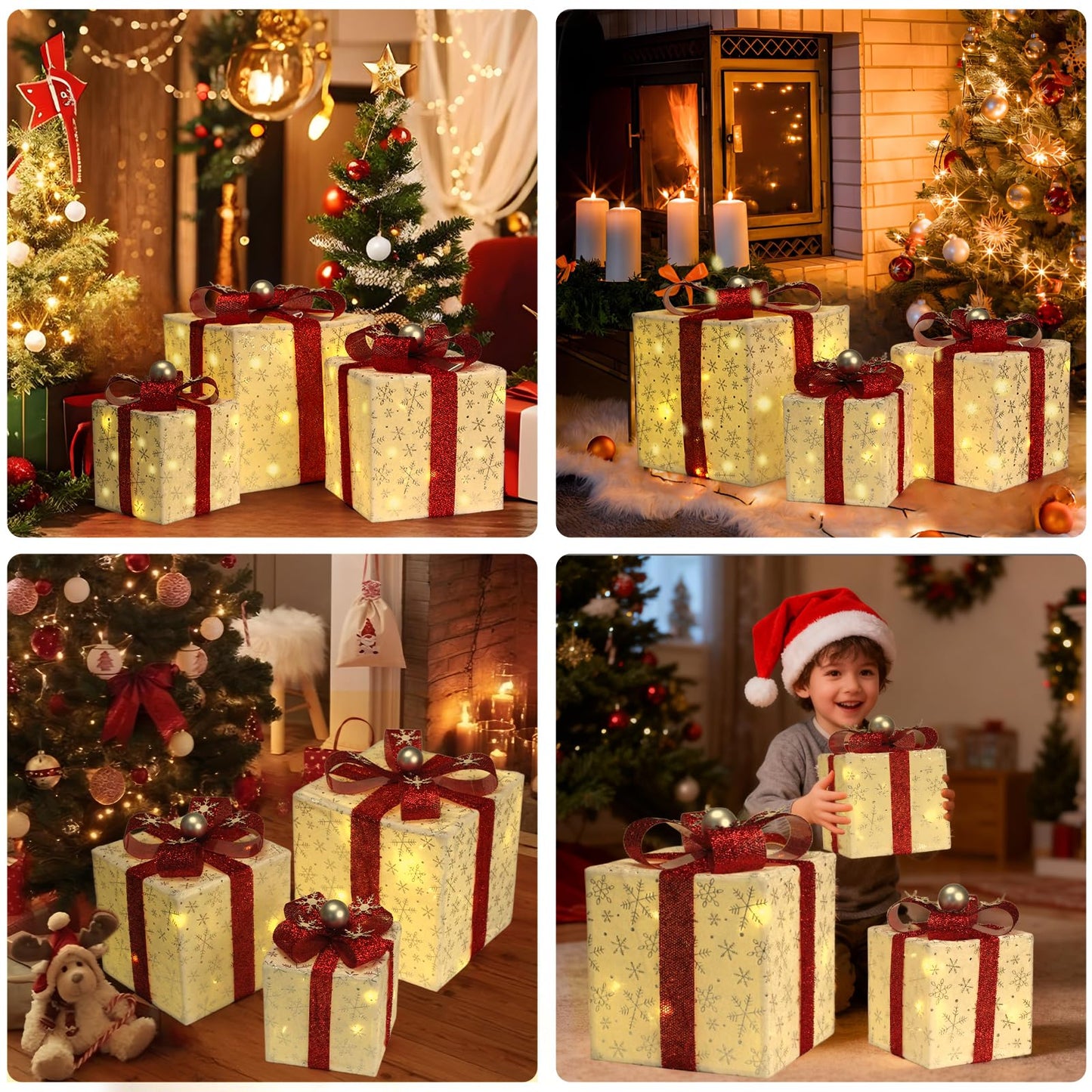 Set of 3 Christmas Lighted Gift Boxes, 60 LED Christmas Lighted Gift Boxes, Presents Box with Silver Christma Ball Ornaments for Xmas Tree, Yard, Home, Indoor Outdoor Holiday Decor