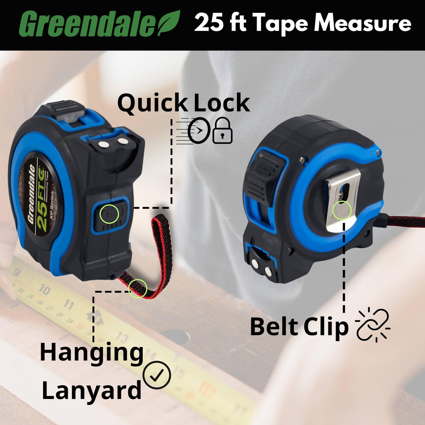 Greendale – 3 Pack Tape Measures 25 ft – Easy-Read Fractions, Magnetic Tip, Quick-Lock & Auto-Retract – Heavy-Duty Measuring Tape with Belt Clip – Blue