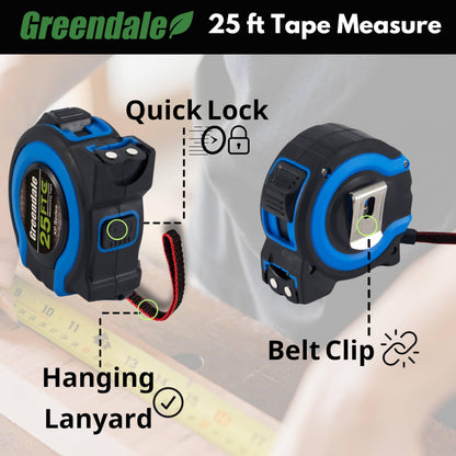 Greendale – 3 Pack Tape Measures 25 ft – Easy-Read Fractions, Magnetic Tip, Quick-Lock & Auto-Retract – Heavy-Duty Measuring Tape with Belt Clip – Blue