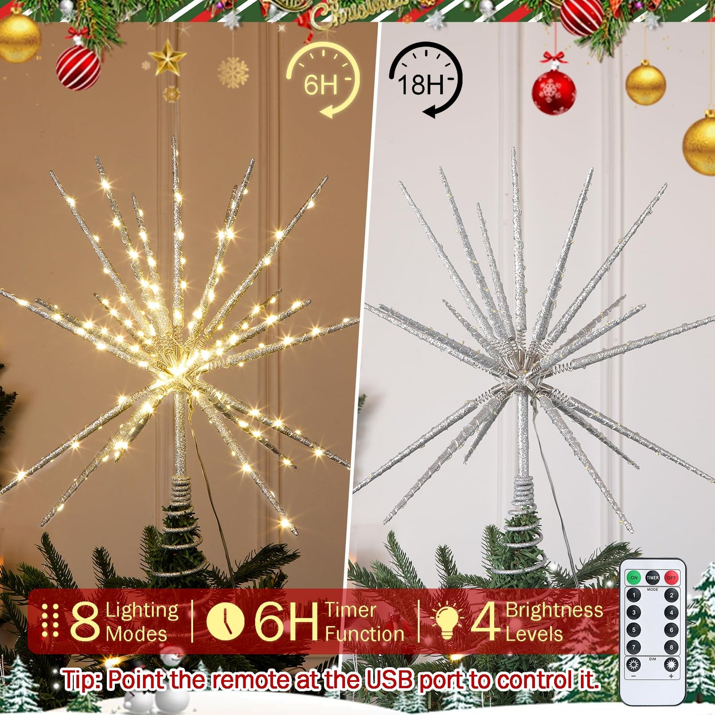 HMASYO 15 Inch Twinkling Starburst Christmas Tree Star Topper, 19-Point Silver Star Tree Topper with 150 LED, Remote Control & Timer, USB Power for Indoor Home Holiday Party Xmas Tree Decoration
