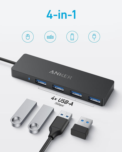 Anker 4-Port USB 3.0 Hub with 5Gbps Data Transfer, Ultra-Slim USB-C Connector Hub, for MacBook, iMac, Surface, Mobile HDD, and More (2 ft USB-C Connector, Charging Not Supported)