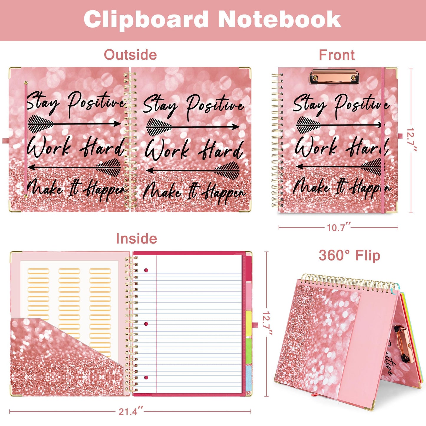 EYROZILL Spiral Notebook Clipboard with Removable Dividers Tabs, 5 Subject Notebook College Ruled, 8.5"x11" Hardcover Lined Journals with 12 Storage Pockets School Office Work Supplies