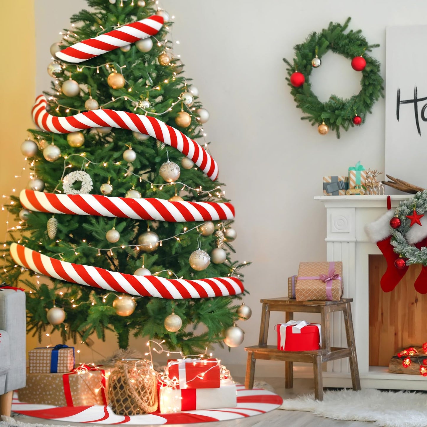 RoundFunny 9.84 ft Christmas Candy Cane Garland with 30 Inch Red Swirl Tree Skirt Red and White Christmas Ornaments Sweet Peppermint Tree Skirt Home Decoration for Xmas Holiday Party Supplies