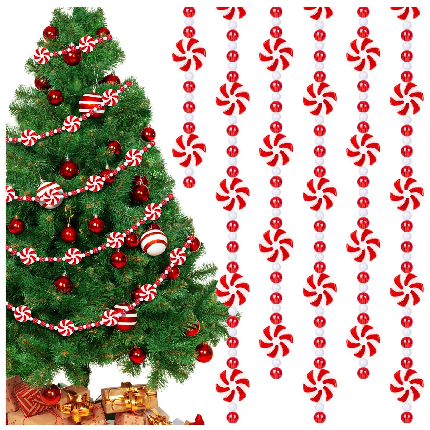 Christmas Candy Garland, Red Christmas Tree Bead Garlands Xmas Decorations Hanging Peppermint for Party Wreaths Home Fireplace Ornaments (10 Feet)