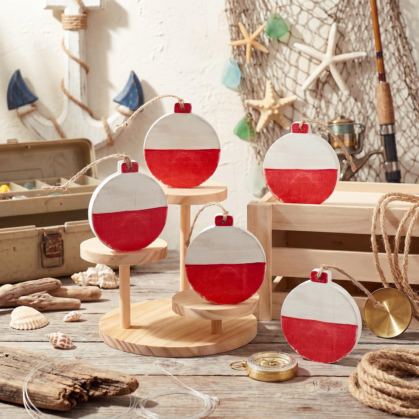 Threehoney 5 Pcs Fishing Bobbers Floats Table Decorations Red and White Wooden Bobbers Decor 4 x 3.5 Inch Farmhouse Wood Summer Table Centerpieces for Fishing Birthday Party Nautical Lake House Decor