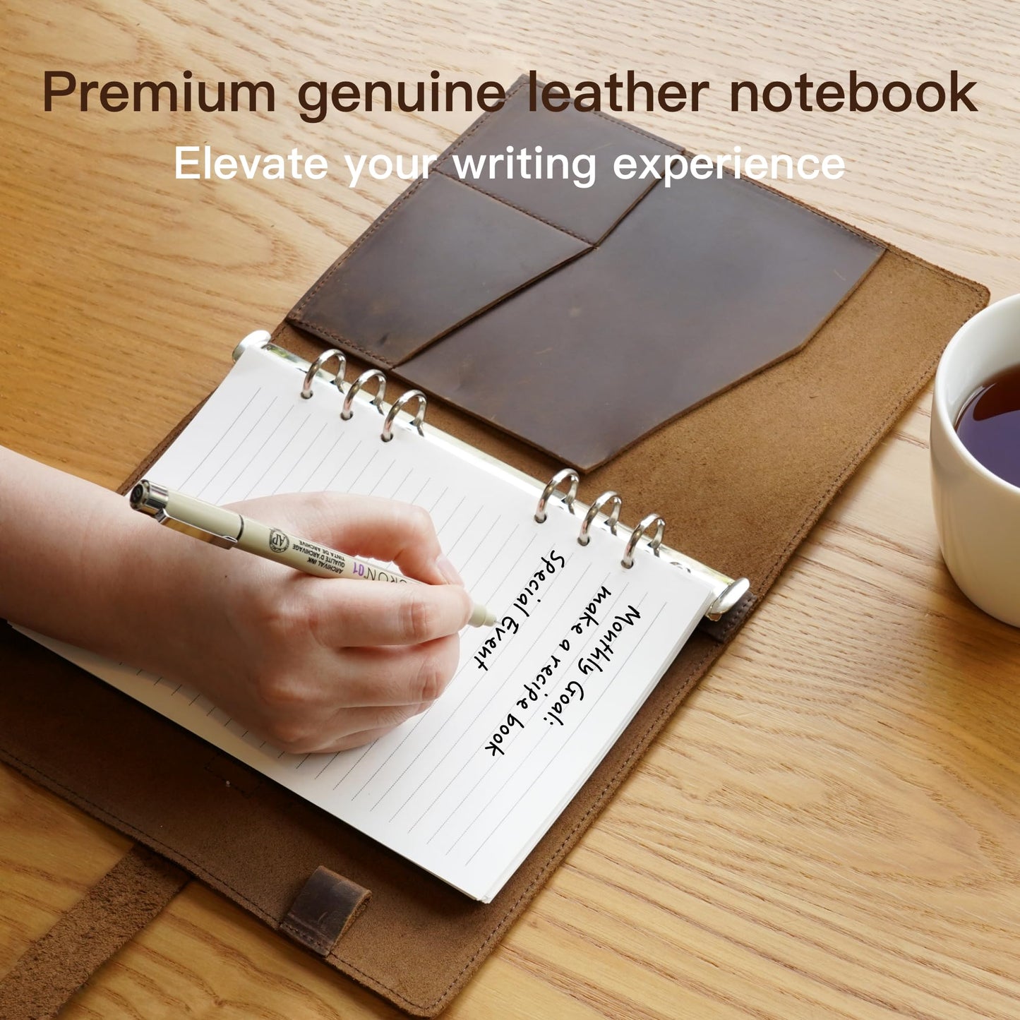 Adeerus Refillable A5 Leather Binder Notebook 6-Ring, Reusable Genuine Leather Journal, Vintage Planner, 120 Pages Lined Paper & Pocket, for Writers Business Work Study College and Daily, 6.9”x 9”