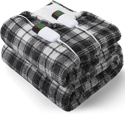 OCTROT Black Electric Heated Blanket King Size, 90X100 Black Blanket with Dual Control&10 Heats Levels&Timer for Bed,Large Plaid Sherpa Heating Blankets Warmer Gifts for Grandma Women Adults,Washable