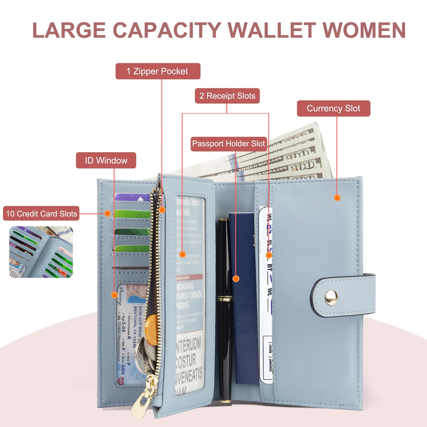 yiijay Womens Wallet RFID Blocking Vegan Leather Trifold Clutch Credit Card Holder Ladies Travel Wallet Purse with Pen Holder
