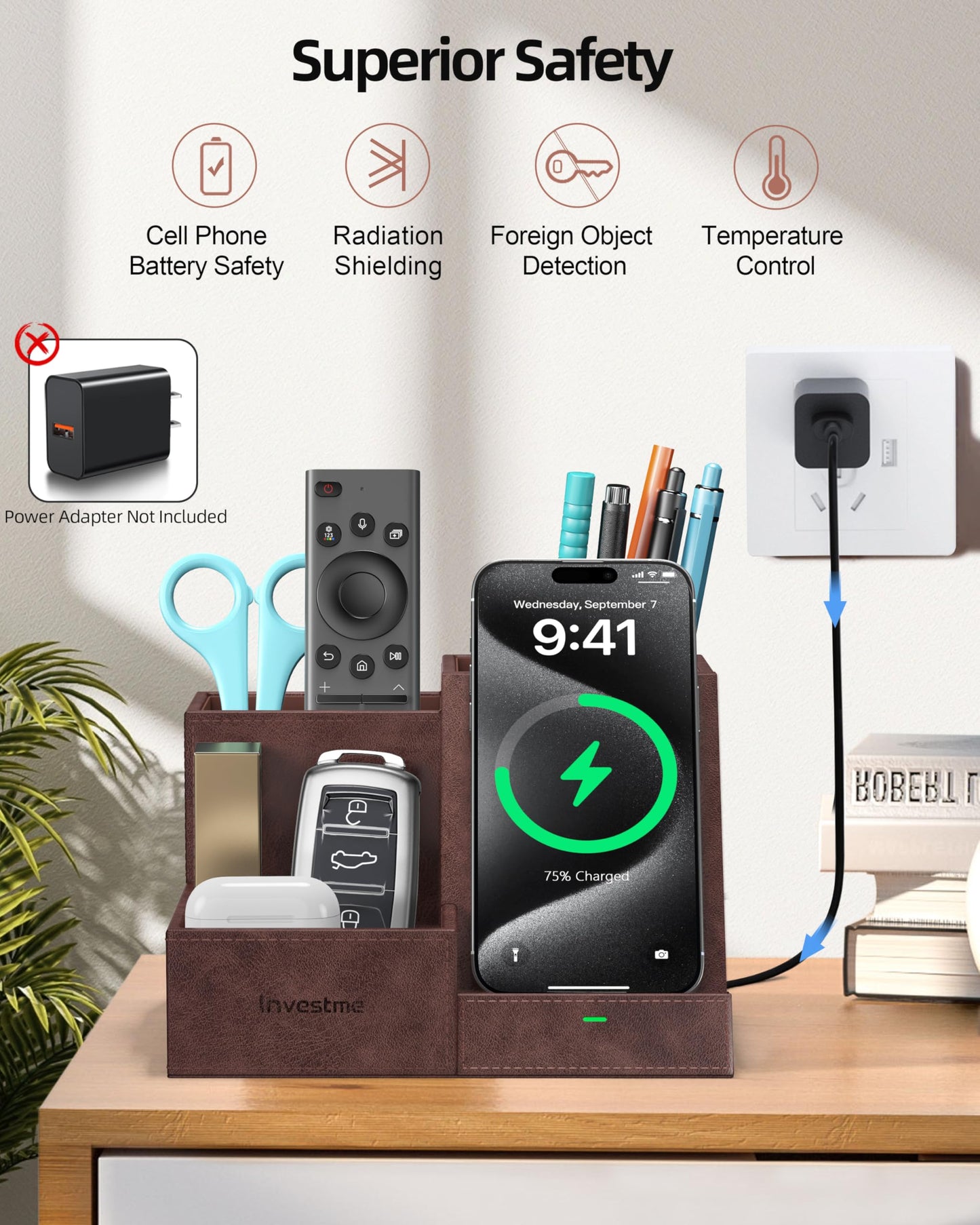 Investme Wireless Charger with Desk Organizer, Pen Pencil Holder, Multifunctional Desktop Organizer, Office Supplies and Desk Accessories Organizer with 3 Compartments and 1 Phone Stand, Dark Brown