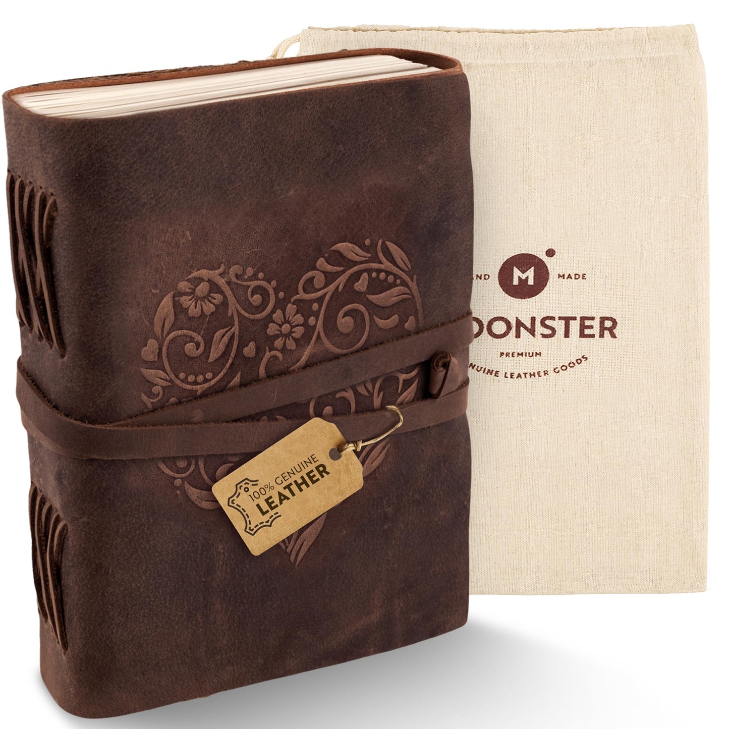 moonster Leather Journal with Embossed Heart Shape - Non Refillable 8x6″ Lined Notebook - 400 Pages College Ruled Kraft Paper - Inspirational Small Notebook - Leather Journals for Women