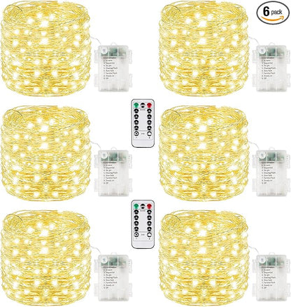 6 Pack Each 33FT 100LED Fairy Lights Battery Operated with Remote, Waterproof Twinkle Lights with Timer, Cuttable String Light Indoor & Outdoor for Bedroom Classroom Wedding DIY Christmas (Warm White)