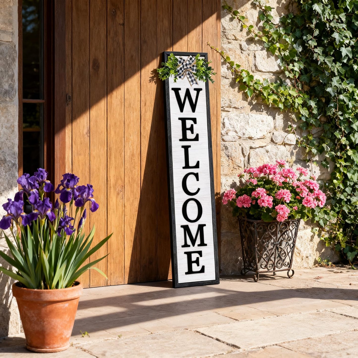 3D Outdoor Welcome Sign for Front Porch Standing 45"X9" Large Rustic Farmhouse Leaner Tall Vertical Soild Wooden Framed Plaque Modren Beautiful Outside Home Front Door Decorations (Black)