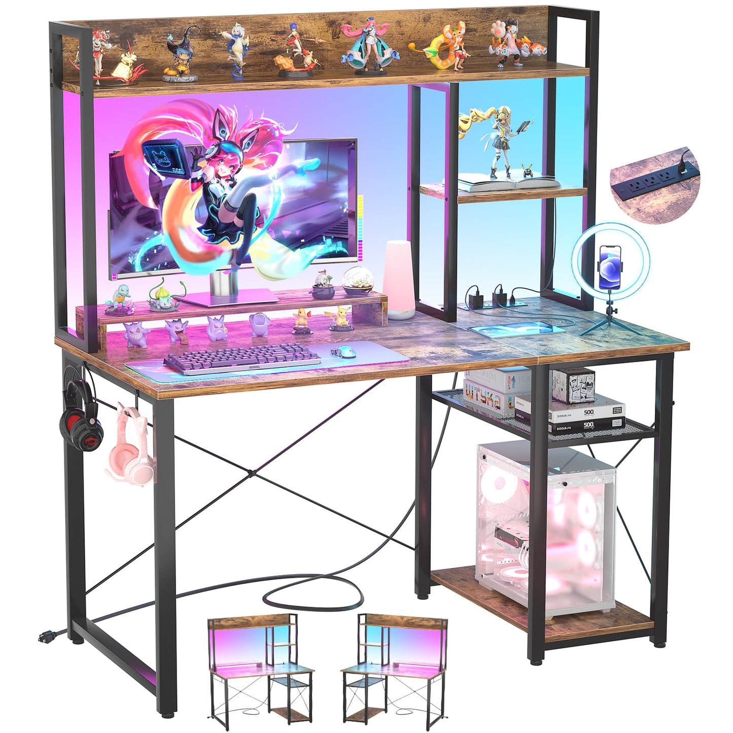 Cyclysio Gaming Desk with Hutch, 39'' Computer Desk with LED Lights & Power Outlets, Home Office Desk with Reversible 5 Tiers Storage Shelves & Monitor Stand, Small Gaming Table for Small Space,Rustic