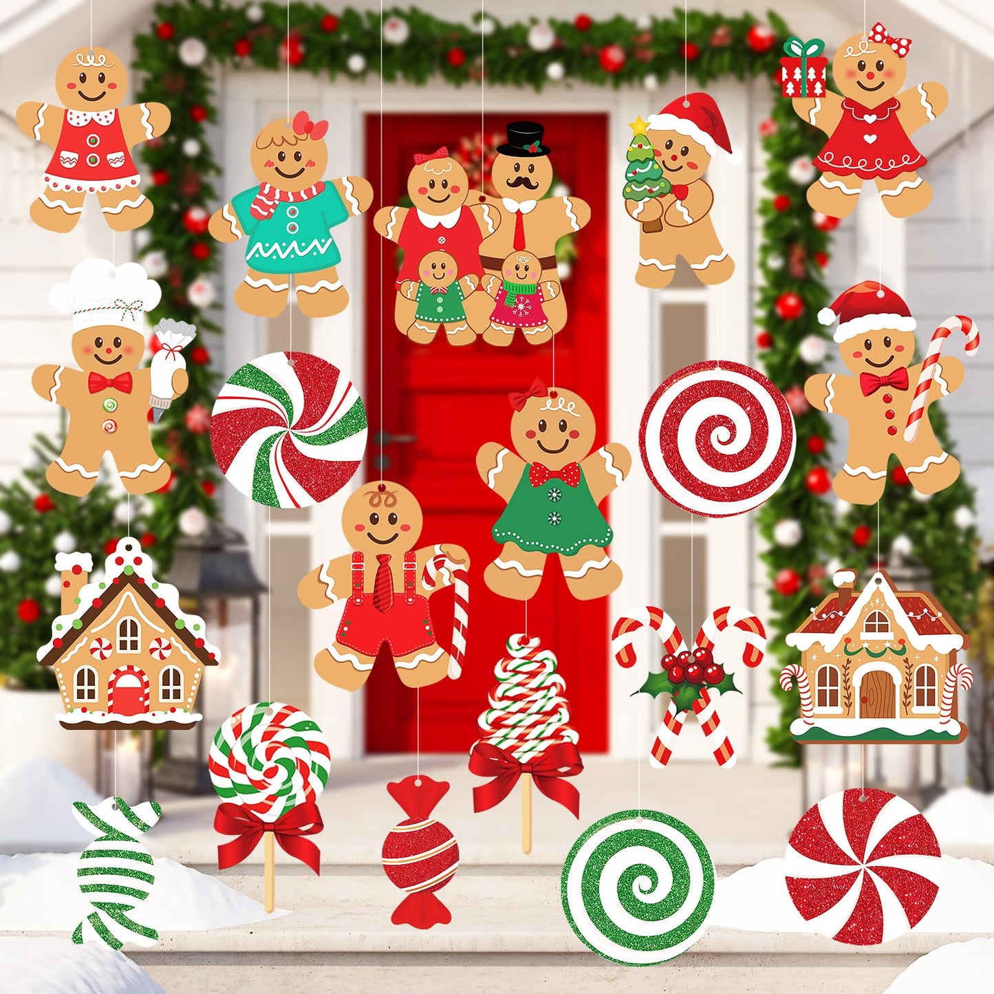 20 Pcs Gingerbread Christmas Decorations Outdoor Large Gingerbread Hanging Xmas Candy Ginger Bread House Decor Double Sided Printing Sign for Tree Yard Porch Office Home Holiday Outside Indoor Merry