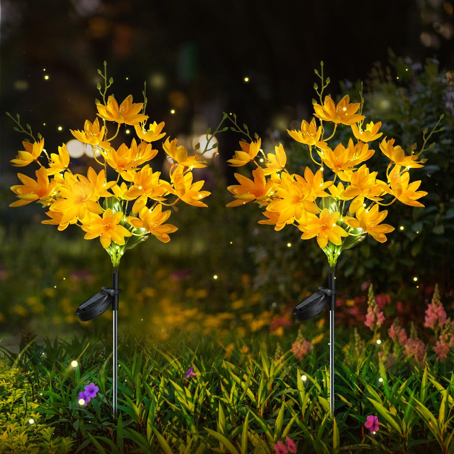 Neporal Solar Flowers Outdoor Waterproof IP65, 5-Head Snow Lotus with 20+ Flowers, Warm LED Light & 2 Lighting Modes, Decorative Solar Lights Outdoor Garden, Yard, Pathway, Flower Bed (2-Pack, Yellow)