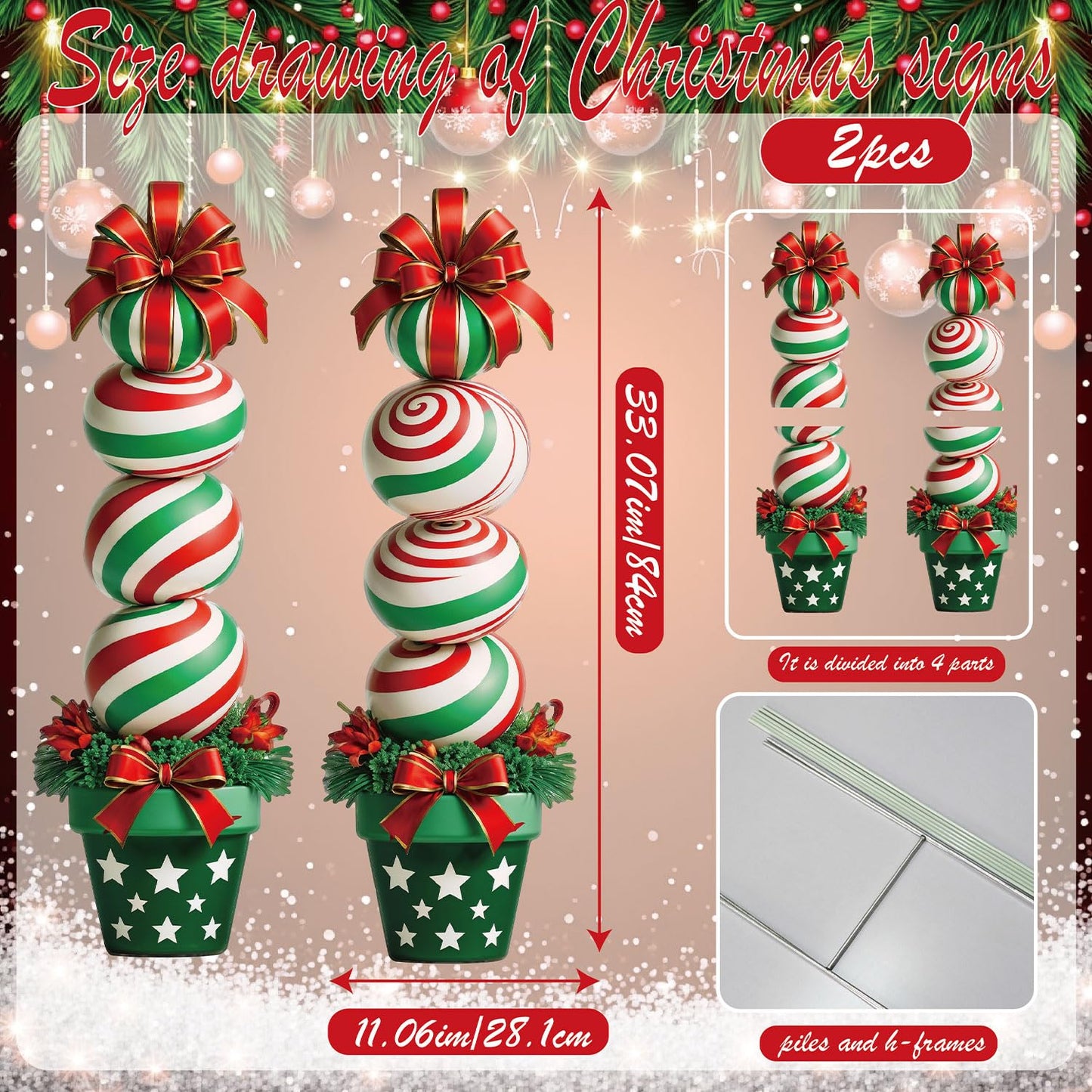 33" Christmas Decorations Outdoor Candy Christmas Decorations, 2ct Large Tall Outdoor Stake Signs 4 Interlocking PP Panels with H-Brackets Fiberglass Rods for Lawn Pathway Xmas Party